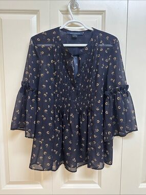 French Connection Navy Floral Pintuck Peasant Blouse